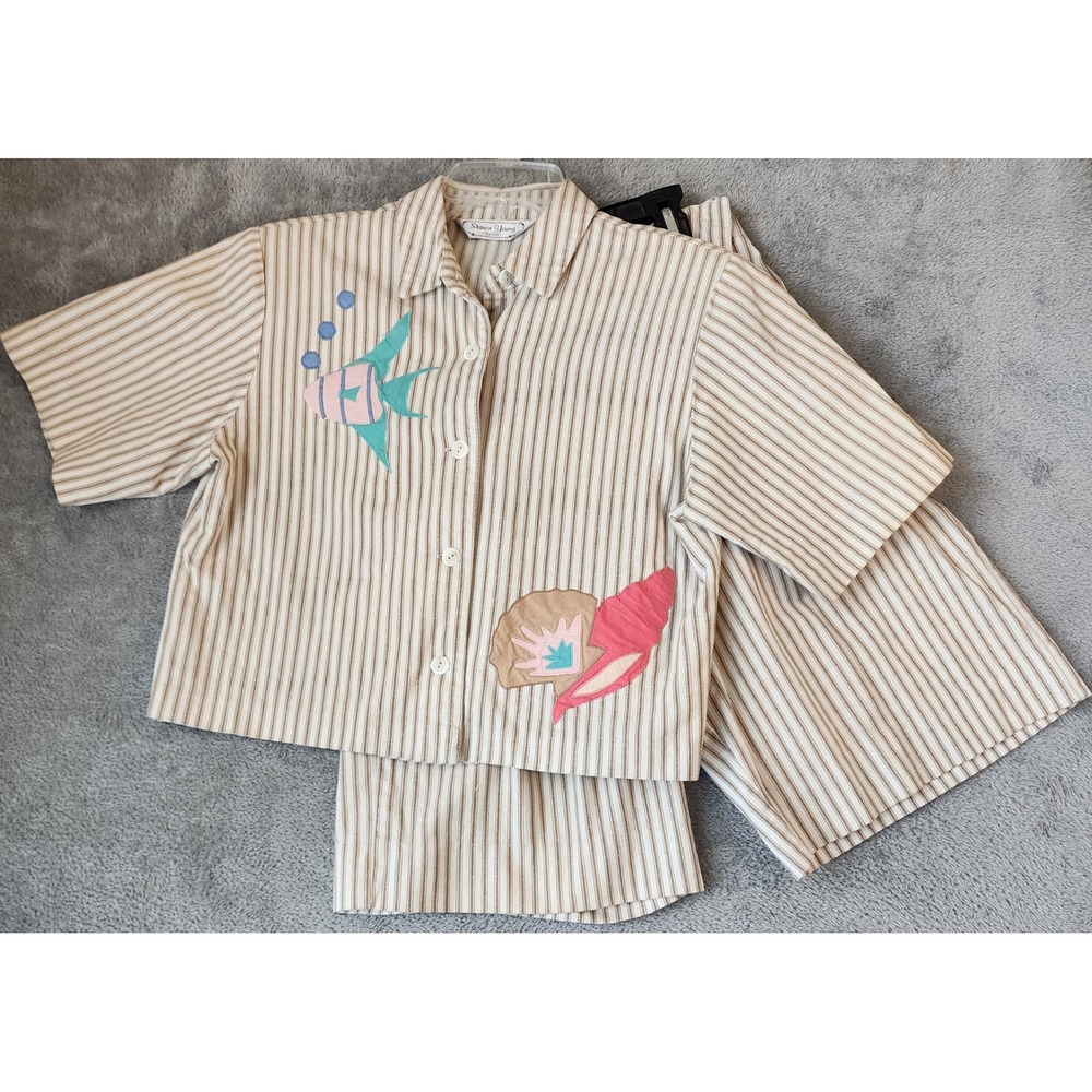 Sharon Young Dallas 2pc Set Womens Size 6 Tan Striped Shirt Shorts Nautical